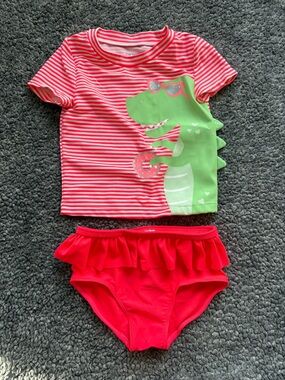 Carter's Girls Pink Stripe Rash Guard Set with Green Dino